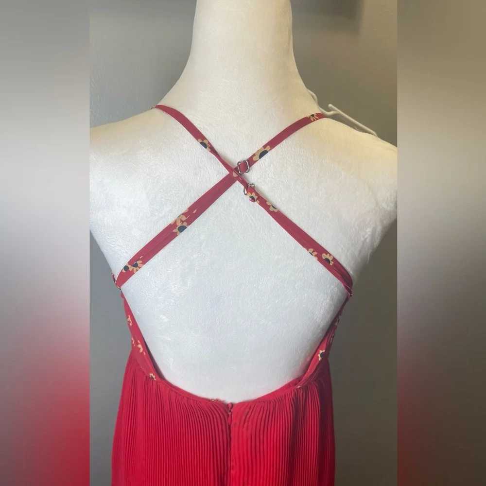 Free People x Fame Women's Kayla Maxi Gown Red Pleated Sunflowers Size 6‎